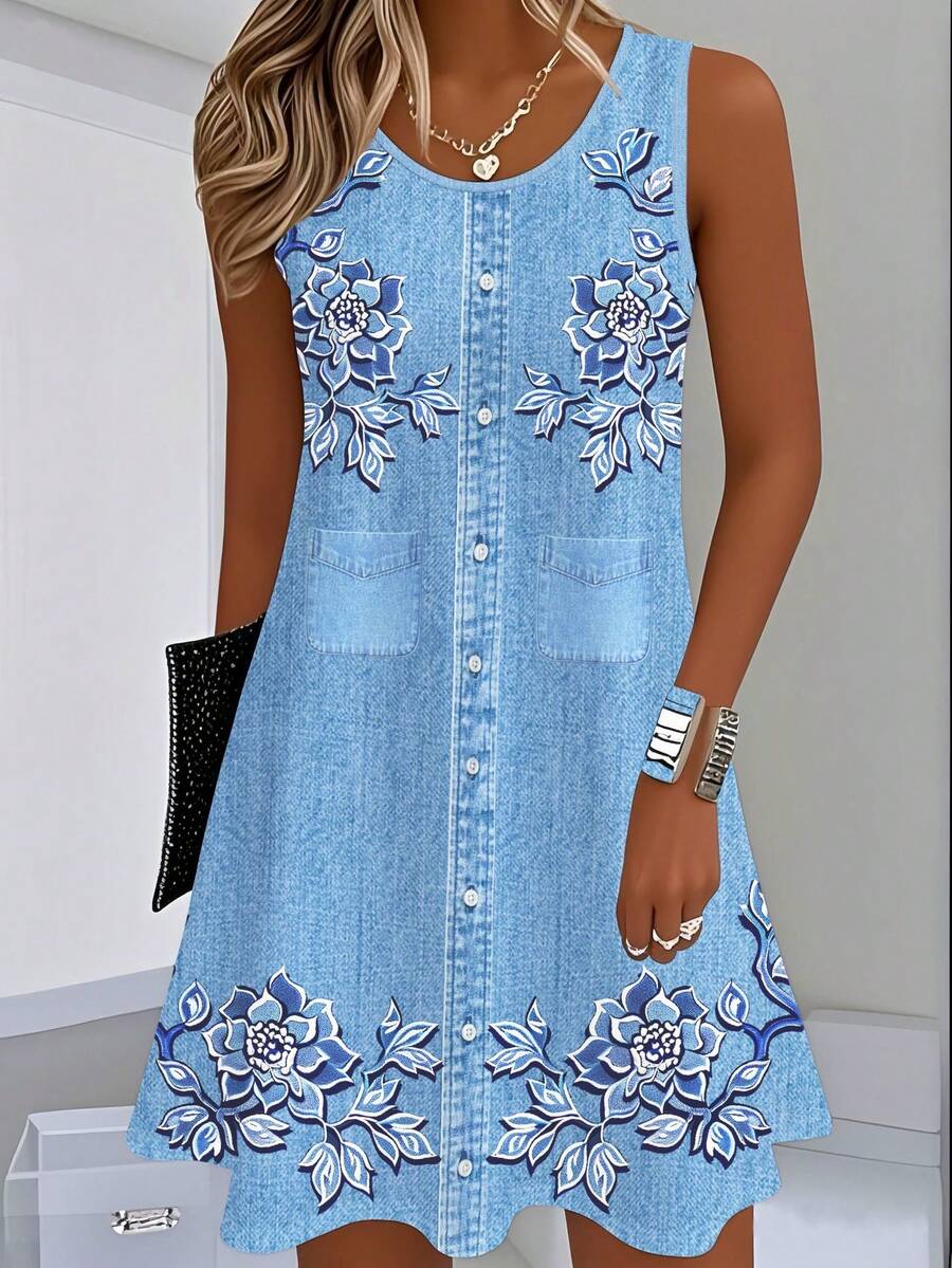 Summer Dress With Color Gradient And Plant Print, Vintage Style, Sleeveless, Loose And Flattering Cut. - 黑色 - 查看 1