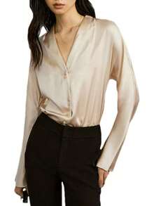 Blusa de seda con cuello en V para mujer, de manga larga, formal, brillante - Azul - Ver 13