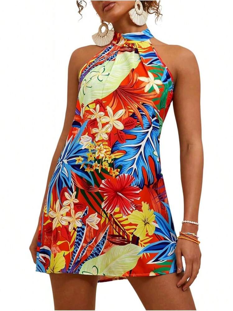 - Vestido corto sin mangas con estampado floral para mujer, cuello halter, línea A - Azul Blanco Tropical - Añade 27