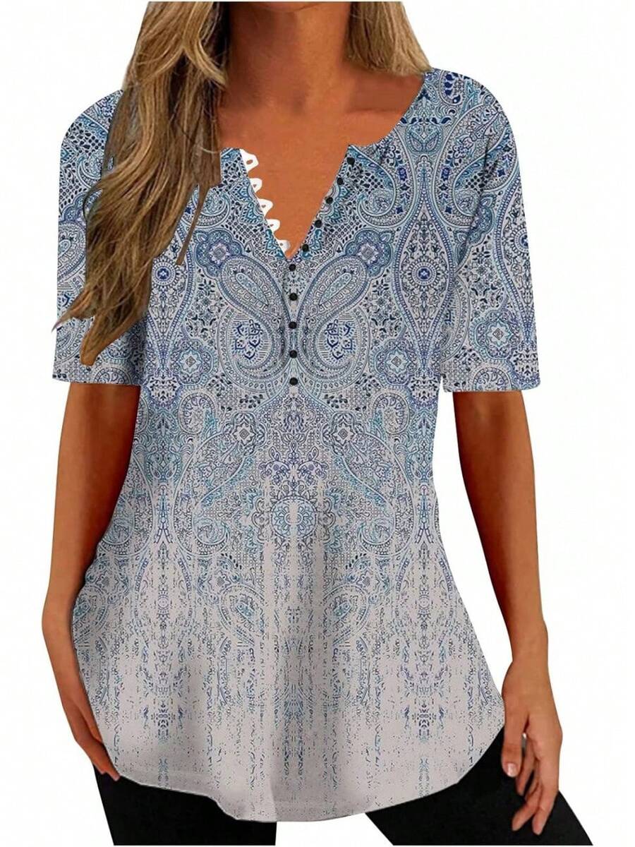 Ceboyel - Camisas Henley con estampado floral para mujer, cuello en V, sexy, casual, de manga corta, blusas elegantes para mujer - Blanco #19 - Ver 1
