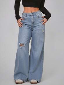 Straight Leg Jeans In Washed Blue Denim With Rips - tozlu mavi - Görünüm 2