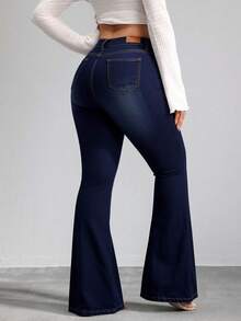 Floor-Length, High-Waisted Flare Trousers With One-Sided Rips At The Knees, High Elasticity, Fitted, Available In Multiple Shades, Retro Flowy Drape - 深色水洗藍 - View 5