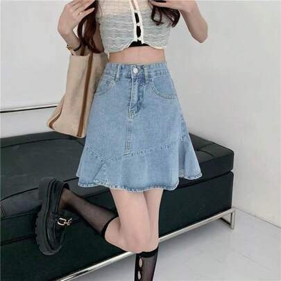 ホットガール風ハイウエストボディコンスカート、小柄な女性向けAラインデザインのフリル付きフィッシュテールデニムスカート