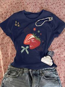 Camiseta de mujer de cuello redondo holgada de manga corta, con estampado de lazo de fresa pintado a mano en estilo retro americano dulce, adecuada para picnic de primavera, campus diario, c - Marina de - Ver 8