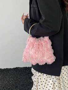 優雅玫瑰晚宴包 女款正式派對手提包 溫柔甜美風女款單肩包 純色水桶包 新娘包 - 粉色 - 查看 9