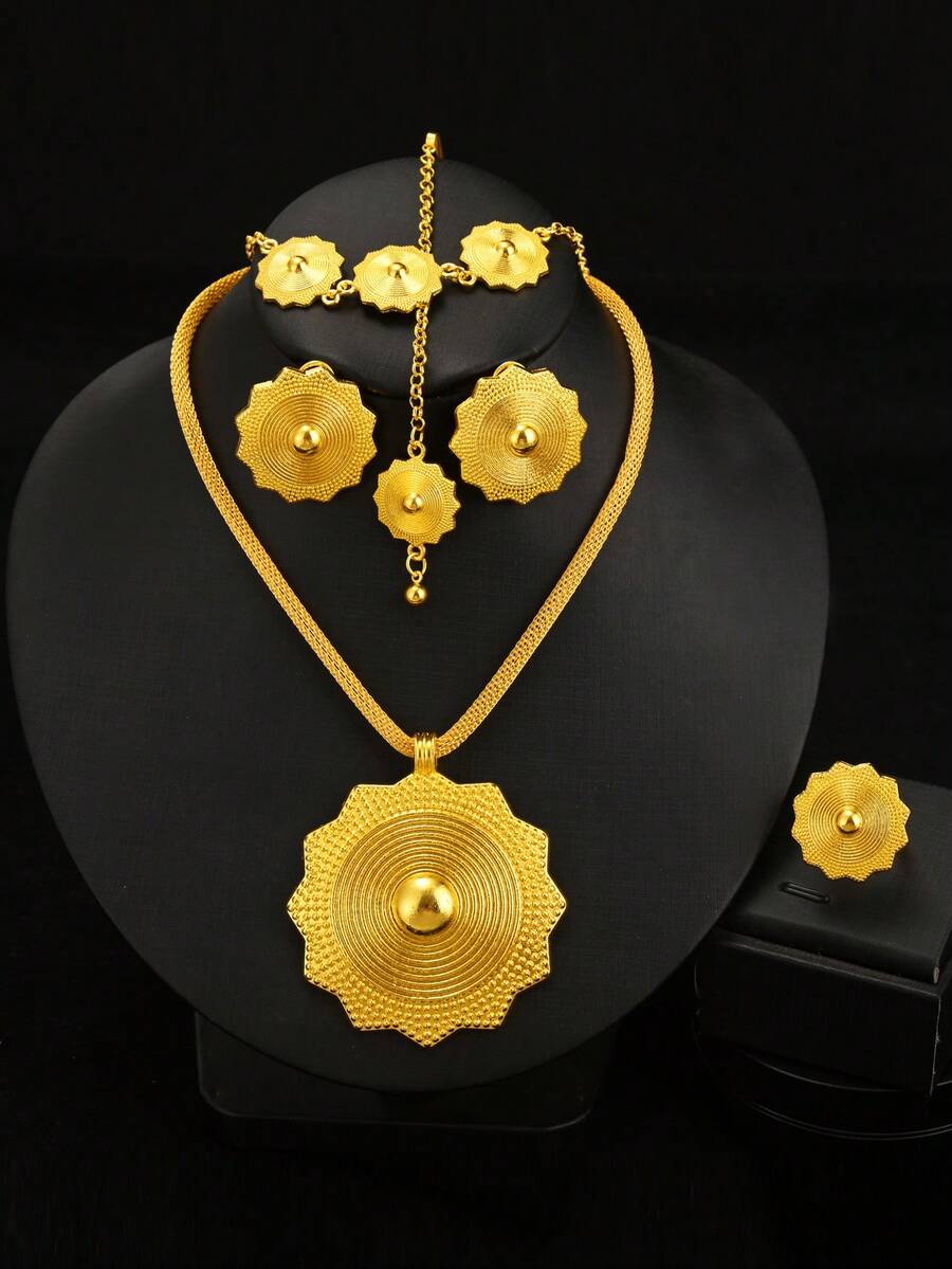 5pcs/Set Women's Jewelry Set Golden Color Geometric Pendant Necklace Earrings Ring Bracelet Head Chain African Saudi Arabian Bride Traditional Jewelry Gift - A - View 1