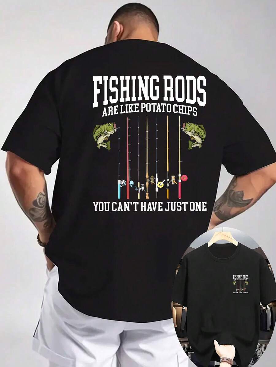 Nueva camiseta casual de verano para hombre, cuello redondo acanalado, mangas cortas, tejido de punto fresco y cómodo, estampado a doble cara con motivos de caña de pescar y peces, disponibl - Negro - Ver 1