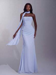 Elegant Off-Shoulder Long Dress, Flowing Cape Sleeves, Ruched Waist, Mermaid Hem Fall Wedding - Baby Blue - View 4
