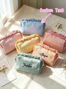 Personalized Embroidered Plaid Makeup Bag, Customized Name Ruffle Edge Cosmetic Bag, Bridesmaid Gift, Travel Organizer Bag, Gift For Her - Multicolor - View 1