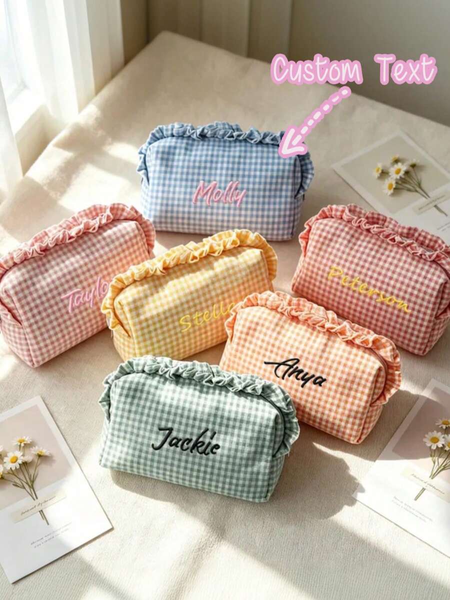Personalized Embroidered Plaid Makeup Bag, Customized Name Ruffle Edge Cosmetic Bag, Bridesmaid Gift, Travel Organizer Bag, Gift For Her - Multicolor - View 1