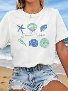 Tamaño grande - Tamaño grande - Unas relajantes vacaciones en la playa llenas de elementos marinos,Como estrellas de mar y conchas. Camiseta Casual de Cuello Redondo para Mujer de Talla Gran - Blanco - Ver 1