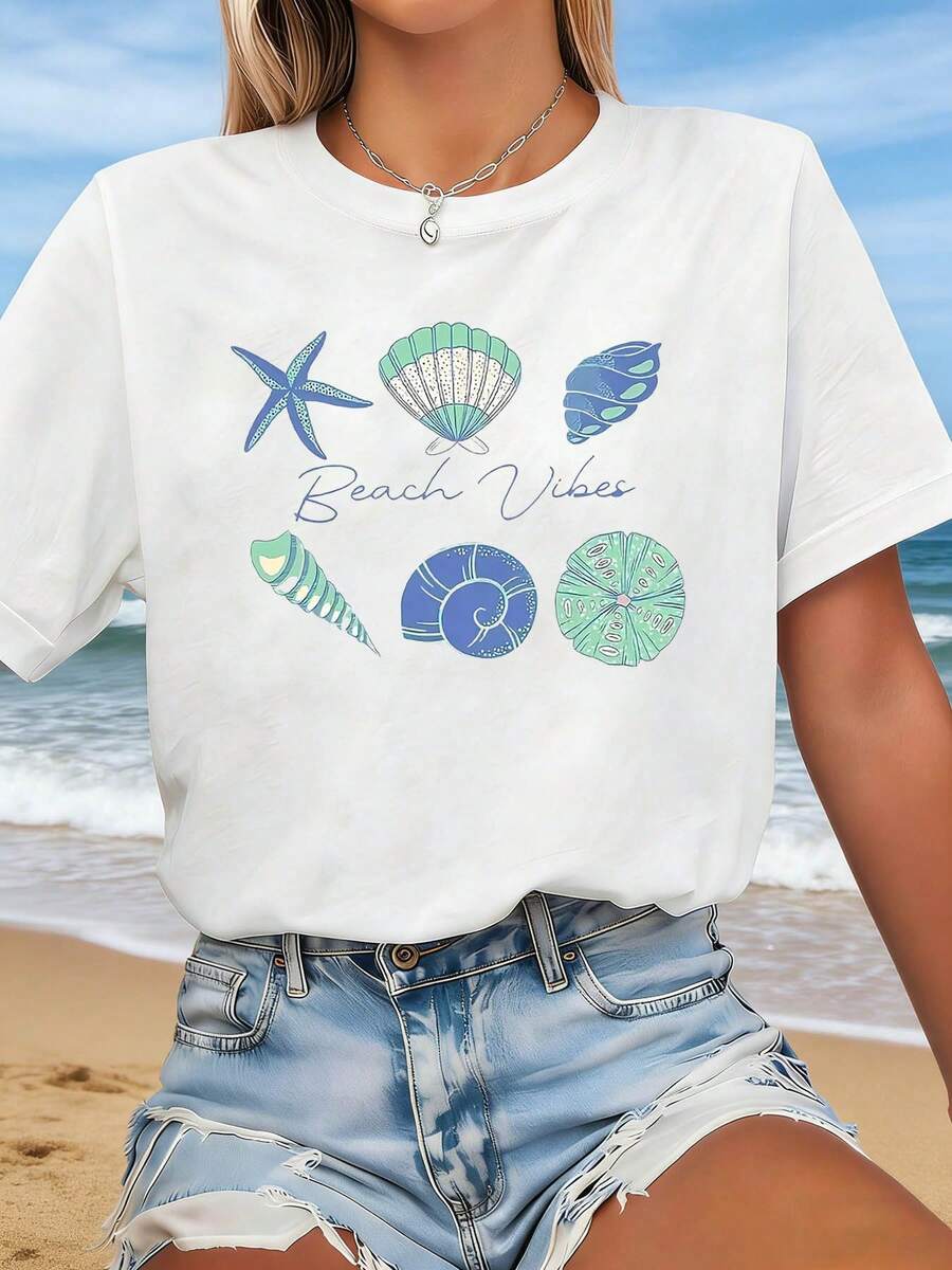 Tamaño grande - Tamaño grande - Unas relajantes vacaciones en la playa llenas de elementos marinos,Como estrellas de mar y conchas. Camiseta Casual de Cuello Redondo para Mujer de Talla Gran - Blanco - Ver 1