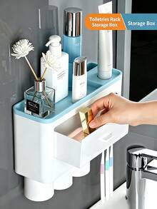 Bathroom Toothbrush Holder 2/3/4 Cup Wall-Mounted With Toothpaste Squeezer, Large Capacity Bathroom Storage Organizer, Easy Installation And Use, Fashionable Bathroom Accessory Set, Bathroom Decor - Grey - View 5