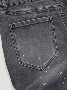 American Style Splatter Design Flared Jeans, Hip-Hop Streetwear Frayed Hem Denim Pants, All-Season Casual Commute Flared Jeans, Daily Commute Frayed Hem Flared Denim Pants For Men - Grey - View 4