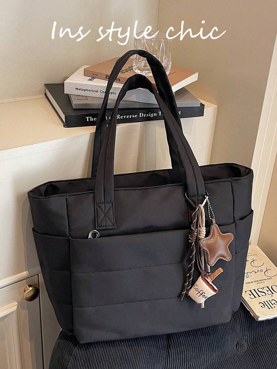 New Fashionable Classic And Multifunctional White Handbag, Simple Design, Quilted Details, Dual Top Handle Design For Shoulder, Elegant Shoulder Bag For Ladies, Suitable For N - Light Grey - View 1