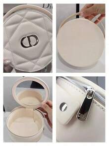 Dior Light Apricot Round Makeup Bag - Handheld Makeup Bag With Zipper And Built-In Makeup Mirror | Luxurious And Elegant Makeup Bag, Suitable For Daily Use And Travel - White - View 4