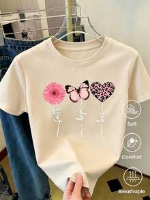 Camiseta de manga corta de moda, Estampado de dibujos animados, Estilo para parejas, Uso interior/exterior, Cuello redondo informal para una camiseta moderna, casual, versátil y cómoda. U4YO - Albaricoque - Ver 1