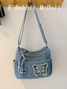 New Chic Casual Shoulder Bag Made Of Soft, Multi-Layered Denim With Multiple Pockets, Versatile, Suitable For Work, Shopping And Travel. - Silver - View 1