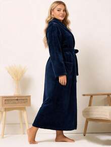 1 pieza Bata de baño de franela gruesa de moda para mujer, con bolsillos, lazo, cuello doblado, suave y cómoda, para relajación corporal, adecuada para ropa de dormir y lencería de mujer de talla grande - Azul Marino - Ver 6