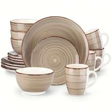 Set Of 16 Handcrafted Stoneware Plates For Dining, Serves Four - Chocolate - View 12