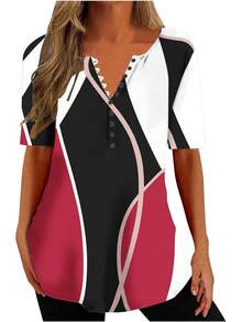 Ceboyel - Camisas Henley con estampado floral para mujer, cuello en V, sexy, casual, de manga corta, blusas elegantes para mujer - Rosa #5 - Ver 29