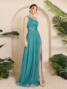 Vestido de dama de honor de malla con corte asimétrico de un solo hombro, busto fruncido, cintura hueca y abertura en la falda, para boda de primavera - Verde militar - Ver 16