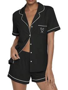 - Conjunto de pijama de verano con botones, 2 piezas, de manga corta, para dormir, S-XXL - Negro con elefante - Ver 15