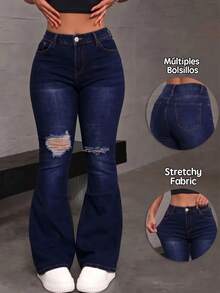 Pantalones acampanados de mezclilla lavados con roturas, cintura media, ajustados y elásticos - Azul lavado oscuro - Ver 1