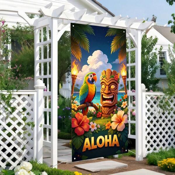 1pc Hawaiian Style Summer Beach Door Banner, Polyester Material, Tiki Statue Parrot Palm Tree Decor Background, Suitable For Party Events, Porch Decoration, Shooting Props, Indoor & Outdoor Wall Decor