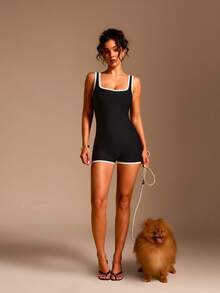 XLLAIS 1pc Women's Square Neck Seamless Knit Fitted Yoga Jumpsuit, Contrast Color Sexy Summer Fitness Jumpsuit, Tummy Control Workout Jumpsuit Black - Black - View 6