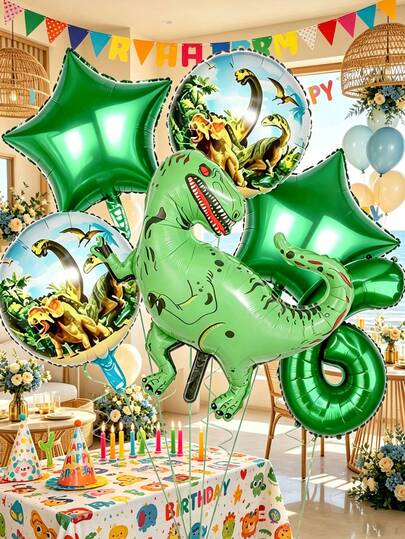 8 Dinosaur And Dinosaur-Print Round Balloons, Green Star And Number Balloons-Perfect For Birthday Parties, First Birthday Celebrations, Themed Parties, Amusement Park Events, Elementary School Activities, Photo Shoots, Children's Day,