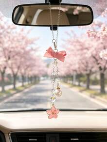 Bowknot Cherry Blossom Car Rearview Mirror Pendant, Crystal Pearl Beaded Car Hanging Decoration, Girly Car Interior Decor, Pink Bow Pearl Pendant Car Rearview Mirror Hanging Ornament, Crystal Bead Chain Style, Universal Car Interior Decoration Accessory - Cherry Blossoms - View 3