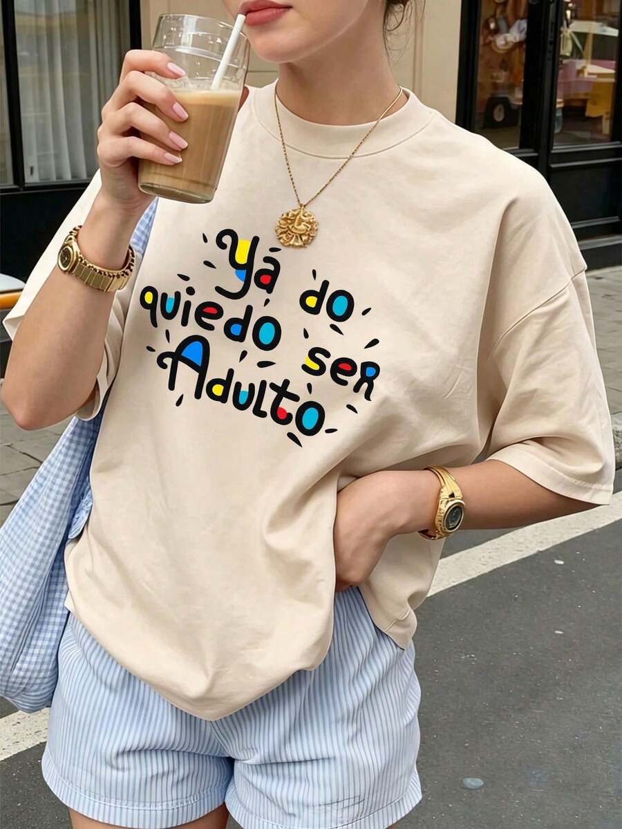 Cotton T-Shirt Round Neck Printed Blouses For Women Women's Sportswear Casual Comfortable New Loose Soft Summer Blouses For Women - 杏色 - 查看 1