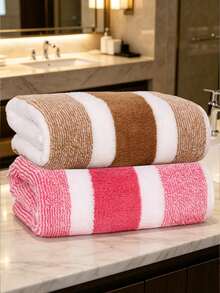 2pcs Striped Bath Towel Set | Ultra Soft, Quick Dry And Super Absorbent, Suitable For Home Bathroom, Perfect For Couples And Adults, Also Can Be Used As Travel Or Beach Towel - Multicolor - View 1
