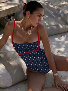 Polovedo Spring/Summer New Casual Sexy Elegant Women's Blue & White Star Print One-Piece Swimsuit, Suitable For Beach Vacation, Party, Dating - Multicolor - View 2