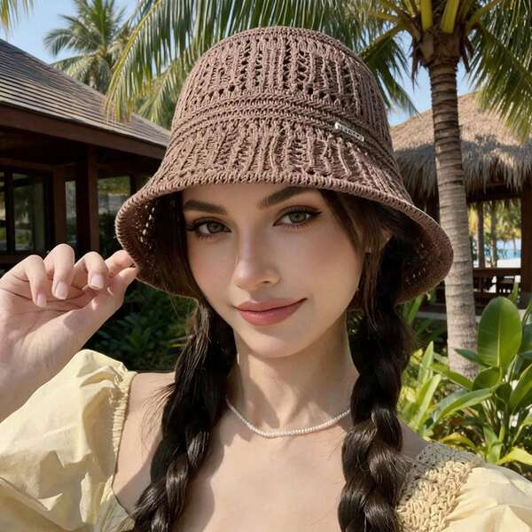Women's Lucky Logo Foldable Straw Sun Hat, Solid Color UV Protection Travel Beach Hat, Fashionable Versatile Summer Outdoor Sun Hat, Suitable For Beach Vacation