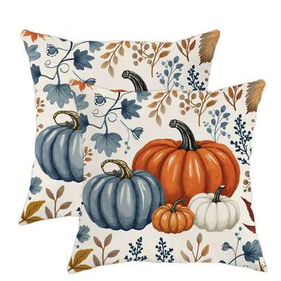 2 piezas de fundas de almohada decorativas con temática de otoño que presentan calabazas y hojas en estilo rústico de granja, disponibles en azul, naranja y blanco, 100% poliéster, fundas de almohada de 18x18 pulgadas (no incluye relleno)