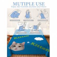 1pc Personalized Animal Theme Blanket, Cute Healing Cartoon Style, Low Saturation Royal Blue Background With Cloud And Other Simple Decorations, Soft And Fresh - Made Of Knitted Flannel Fabric With Digital Printing Technology, Comfortable For All Seasons, Soft And Warm Flannel, Versatile Use For Sofa, Bed, Travel, Camping, Office - Easy To Care For, Perfect For Napping, Camping And Travel - Multicolor - View 8