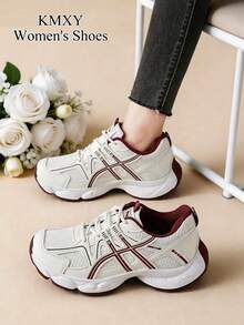 Baskets Épais à semelle épaisse pour femmes KMXY, printemps/automne, chaussures décontractées à talon compensé bas en maille respirante, légères et polyvalentes, à lacets, coloris blanc/gris/blanc, chaussures de sport et de course toutes saisons - Rouge - Voir 2