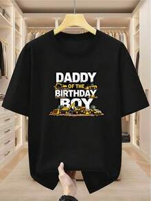 Camiseta de Hombre Talla% con Estampado Gráfico de Camiones de Construcción Papá del Niño del Cumpleaños, Cómoda, Casual, de Manga Corta para el Verano - Negro - Ver 1