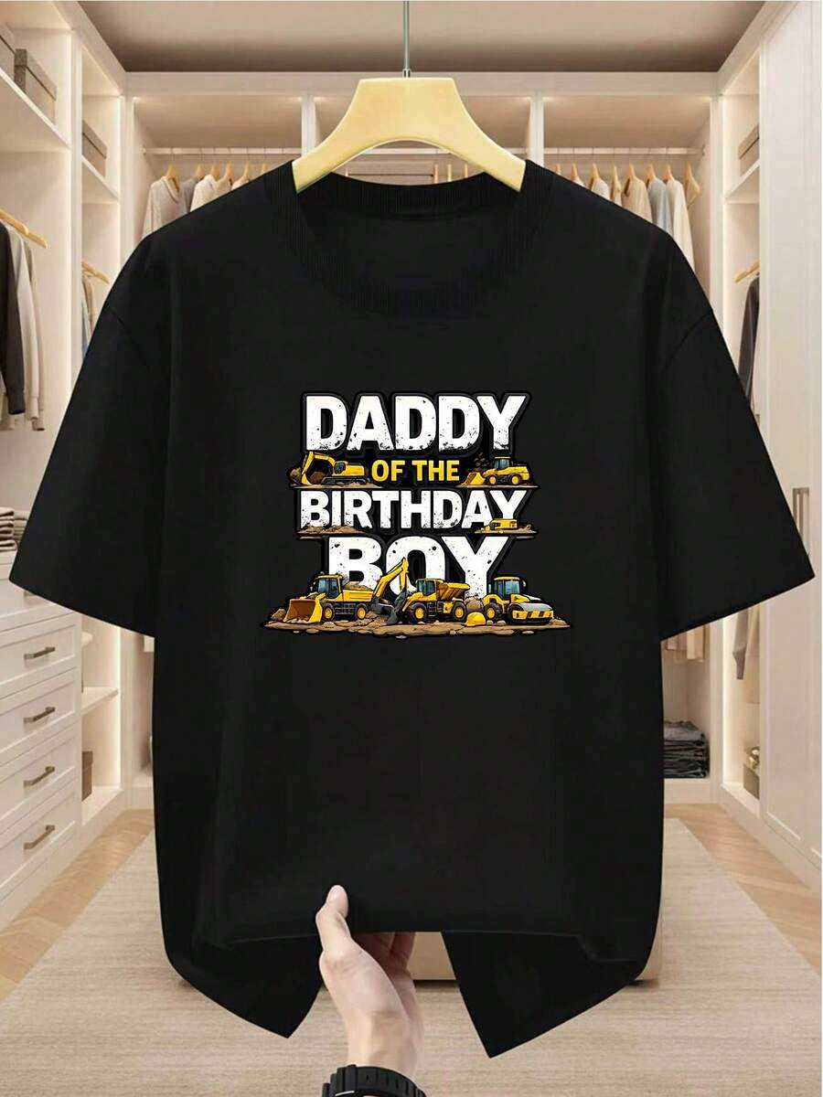 Camiseta de Hombre Talla% con Estampado Gráfico de Camiones de Construcción Papá del Niño del Cumpleaños, Cómoda, Casual, de Manga Corta para el Verano - Negro - Ver 1