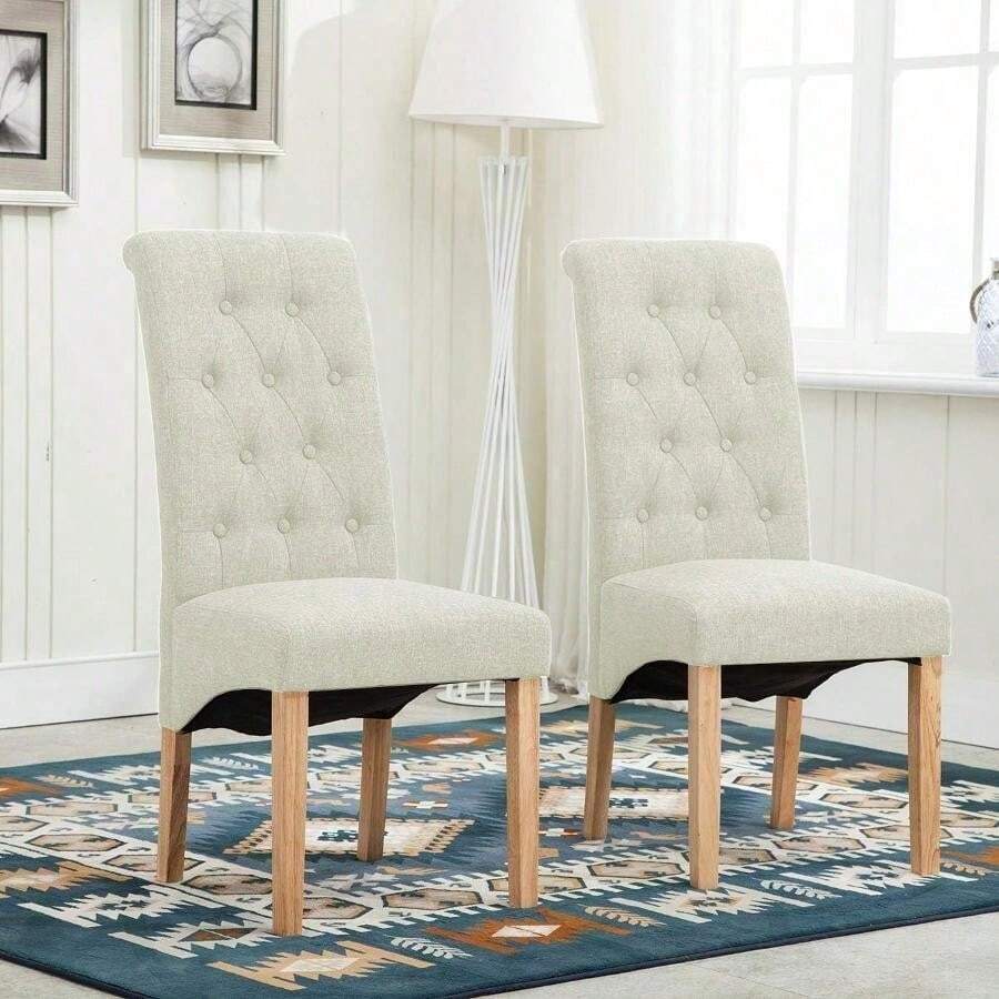 Mcc Direct Set Of 2 Linen Fabric Dining Chairs Roll Top Scroll High Back For Home & Commercial Restaurants - Cream - View 1