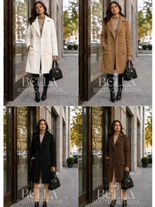 WOMEN'S LONG WOOL PARKA COAT, ELEGANT WITH FRONT BUTTON CLOSURE - 深米色 - 查看 3