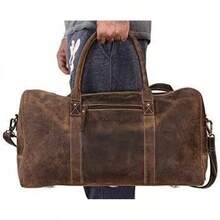 KomalC - Bolsa de Viaje de Piel para Hombres y Mujeres, de Grano Completo, para Fin de Semana, Deportes y Gimnasio - Marrón, Búfalo Envejecido Bronceado - Búfalo envejecido bronceado - Ver 7