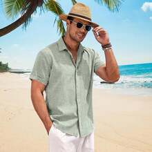 Camisas De Manga Corta con Botones para Hombre,Hombre Camisa Casual Manga Corta con Botones Ocultos,Adecuada para Playa,Trabajo,Cita. - Negro - Ver 3