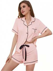 Conjunto de pijama para mujer, cuello con solapa, manga corta, top con bolsillo en el pecho y pantalones cortos con cintura elástica, 2 piezas, ropa de dormir para mujer. - RQ02-Beige - Ver 12