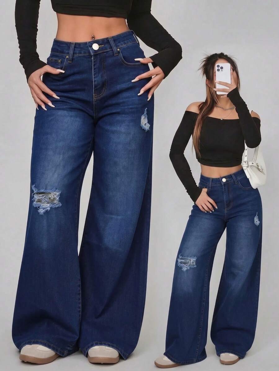 Jeans Rectos de Mezclilla Azul Lavado con Roturas - Azul lavado oscuro - Ver 1