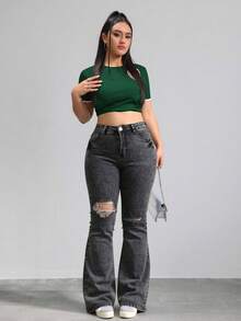 Floor-Length, High-Waisted Flare Trousers With One-Sided Rips At The Knees, High Elasticity, Fitted, Available In Multiple Shades, Retro Flowy Drape - Dark Grey - View 6