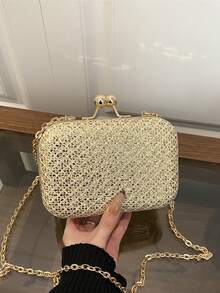 極簡奢華優雅方盒手拿包，純色啞光金，雙球鎖扣，金屬鏈條單肩斜挎包 - 金色 - 查看 5