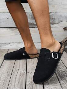 Men's New Retro Mule Loafers, Casual Slip-On Flat Half-Toe Slides With Adjustable Buckle, Available In Fleece-Lined Autumn/Winter And Non-Fleece All-Season Styles - Black Velvet - View 4